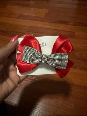 Abella Red Satin Hair Bow with Rhinestone Accent